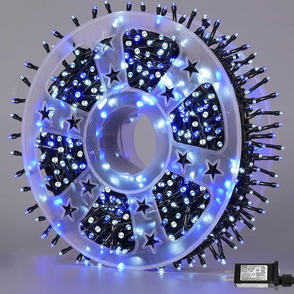 YEGUO 165ft 500 LED String Lights Outdoor Waterproof, Blue and White Christmas Light Indoor, 8 Modes Green Wire Twinkle Tree Lights Plug in with Memory Timer