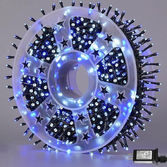 YEGUO 165ft 500 LED String Lights Outdoor Waterproof, Blue and White Christmas Light Indoor, 8 Modes Green Wire Twinkle Tree Lights Plug in with Memory Timer