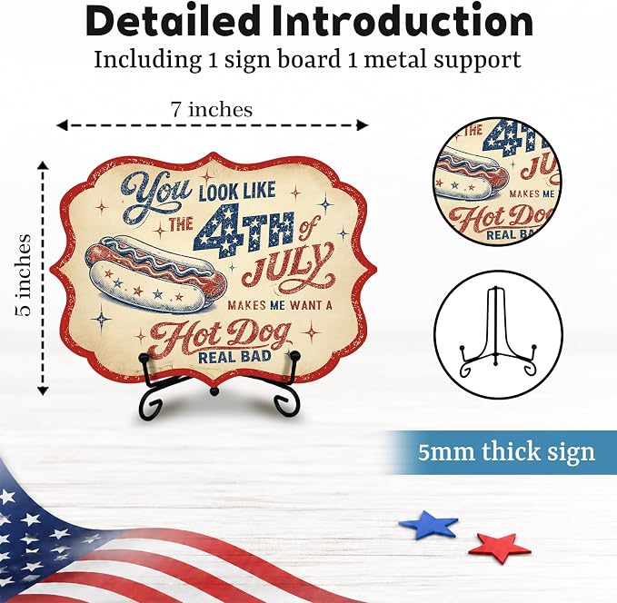 Fourth of July Wooden Sign with Metal Stand, Patriotic Hot Dog Station Decor for BBQ Party, Food Truck, Restaurant Counter, Independence Day 5 x 7 Inch Tabletop Display - A08