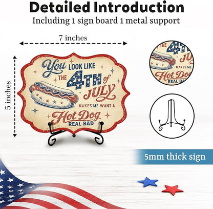 Fourth of July Wooden Sign with Metal Stand, Patriotic Hot Dog Station Decor for BBQ Party, Food Truck, Restaurant Counter, Independence Day 5 x 7 Inch Tabletop Display - A08