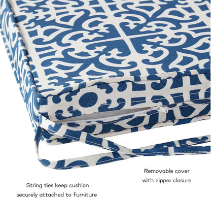 Outdoor 18 inch Square Patio Dining Chair Pads – Comfortable Fiber-Filled Seat Cushions with Ties, Reversible Polyester Fabric - Indigo Blue Lattice, Set of 2