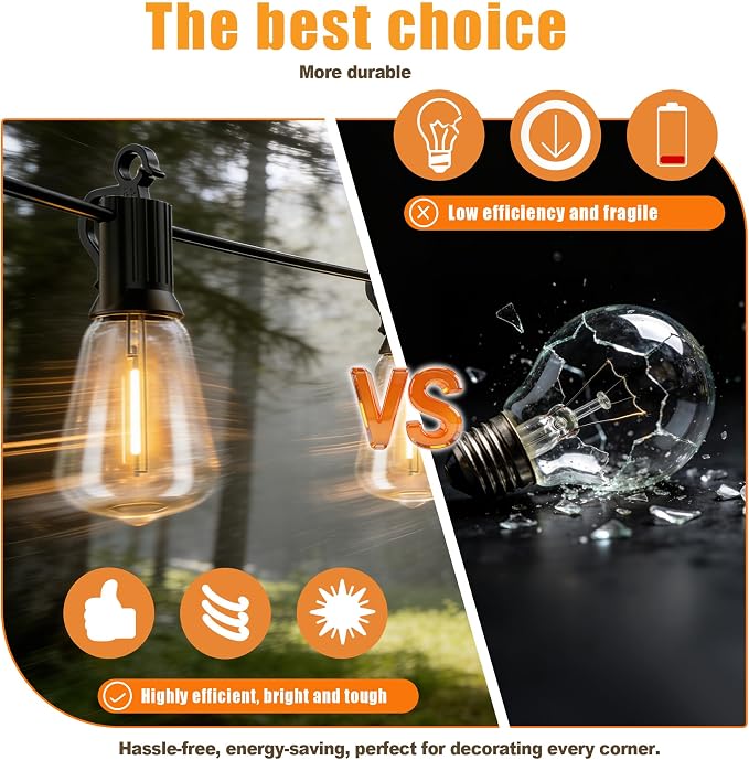 Solar String Lights 35FT Outdoor Waterproof Dimmable Patio Hanging | ST38 Edison LED Bulbs,15+1 Dimmable Festoon Lights,Remote Control,IP65 Waterproof,for Backyard Deck Garden Patio Wedding Cafe