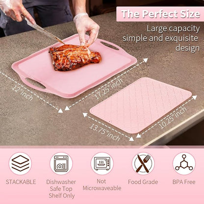 LEHAHA Large Non Slip Serving Tray with Handles, 17.25 x 12 Inch Melamine Serving Platter with Curved Sides, Dinner Tray for Lunch, Coffee, or Breakfast, 4pcs Set, Silicone placemats Included,Pink