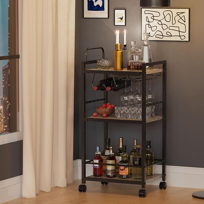 Bar Cart for The Home, 3 Tier Kitchen Carts with Wheels, Small Rolling Cart with Glass Holders, Wine Rack, Mini Bar Cart for Kitchen, Dining Room, Living Room, 13.0" D x 17.0" W x 33.8" H, Greige
