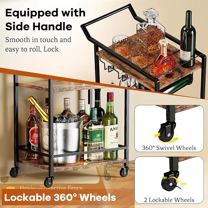 LOTEYIKE 3 Tier Bar Cart, Mini Liquor Utility Cart for Wine Beverage Dinner Party, Rolling Wine Coffee Drink Serving Cart with Lockable Wheels for Home Kitchen Bars (Rustic Brown) | Rolling Wine Coffee Drink Serving Cart with Lockable Wheels for Home K...