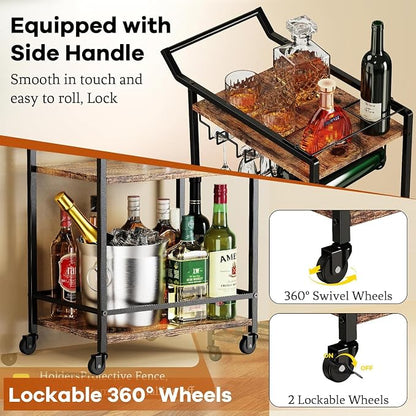 LOTEYIKE 3 Tier Bar Cart, Mini Liquor Utility Cart for Wine Beverage Dinner Party, Rolling Wine Coffee Drink Serving Cart with Lockable Wheels for Home Kitchen Bars (Rustic Brown) | Rolling Wine Coffee Drink Serving Cart with Lockable Wheels for Home K...