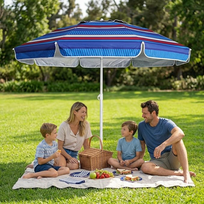 LOTTAFUN 6ft Beach Umbrella - Heavy Duty Wind Resistant UV 50+ Portable Sun Shade with Sand Anchor & Carry Bag, Outdoor Folding Umbrella for Beach, Pool, Patio, Garden (Blue color strip) No Tilt The sand needs to exceed the spiral 6inch