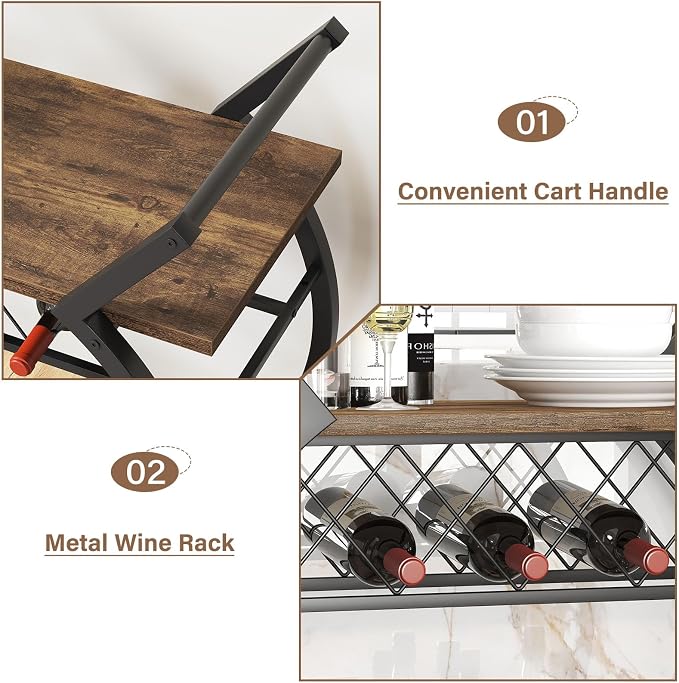 LVB Industrial Bar Cart, Beverage Serving Cart with Wheels, Rustic Brown | Modern Bar Cart with Wine Rack, Wooden Microwave Drink Liquor Cart for Dining Room, Coffee Liquor Drink Cart with Storage