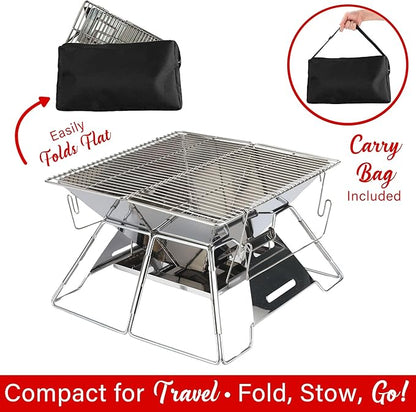 Brentwood Portable Stainless Steel Folding Charcoal BBQ Grill and Outdoor Fire Pit with Carry Bag (Medium)
