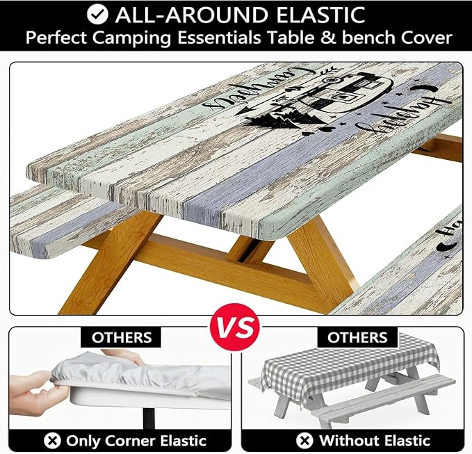 Picnic Table Cover with Bench Covers Elastic Edges, Outdoor Patio Camping Essentials 72 Inch 3PCS, Wooden Camper Fitted Table Cover, Waterproof Rectangle Tablecloth with Drawstring Bag,Grey