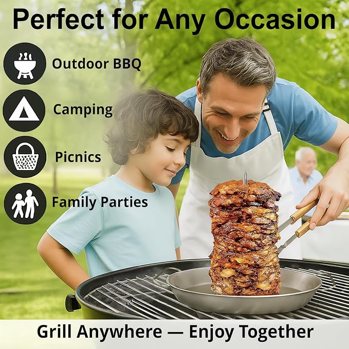 Shawarma Pan & Al Pastor Skewer for Grill - Stainless Steel Vertical Skewer Stand with 3 Spikes (7", 9", 11") & Brushes - Brazilian Spit for Tacos Al Pastor, Gyro, Smoker & Oven (AMBI-APS-0818-B)