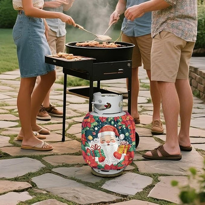 Poinsettia Propane Tank Cover 20lb Santa Claus Gas Tank Cylinder Cover with Elastic Edge RV Gas Cylinder Storage Pocket for Outdoor Camping Yard Party