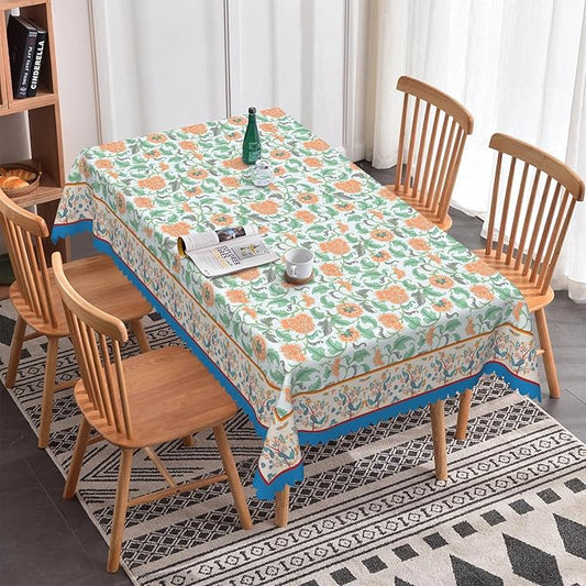 Boho Floral Rectangular Tablecloth 55"x70" - Blue Vintage Flower Waterproof Table Cloth for Dining, Kitchen, Outdoor BBQ and Picnic Party Decor