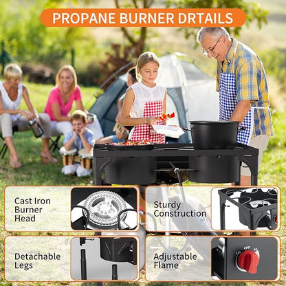2 Burner Gas Stove, High Pressure Outdoor Propane Burner with Detachable Legs, 150,000 BTU Camping Stove Outdoor Burner with 0-20 PSI Regulator for Camping, Backyard, Outdoor Cooking