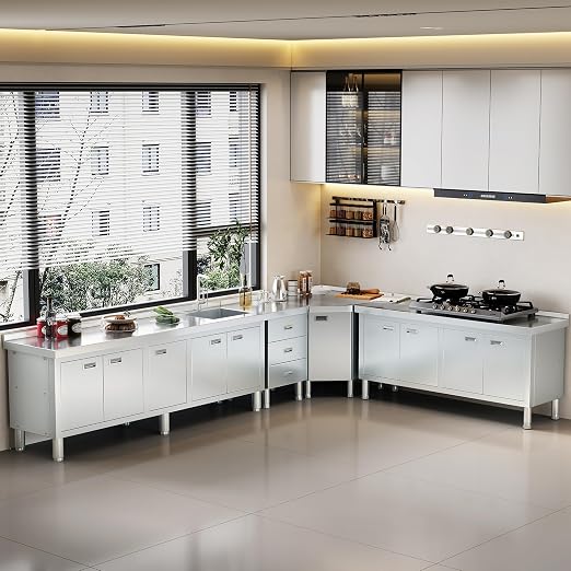ZZV Stainless Steel Kitchen Cabinet Outdoor Kitchen Drawers with Handles Triple Access BBQ Drawers for Outdoor Garage Warehouse Restaurant, No Assembly Required, 21.66 x 19.68 x 35.43 in
