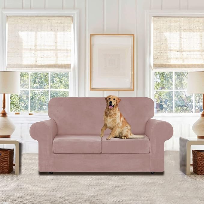 WEERRW Velvet Stretch 3 Pieces Couch Cover for Sofa Washable, Pink | Love Seat Couch Covers for 2 Cushion Couch Sofa Furniture Protector slipcoves with Elastic Bottom for Kids, Medium