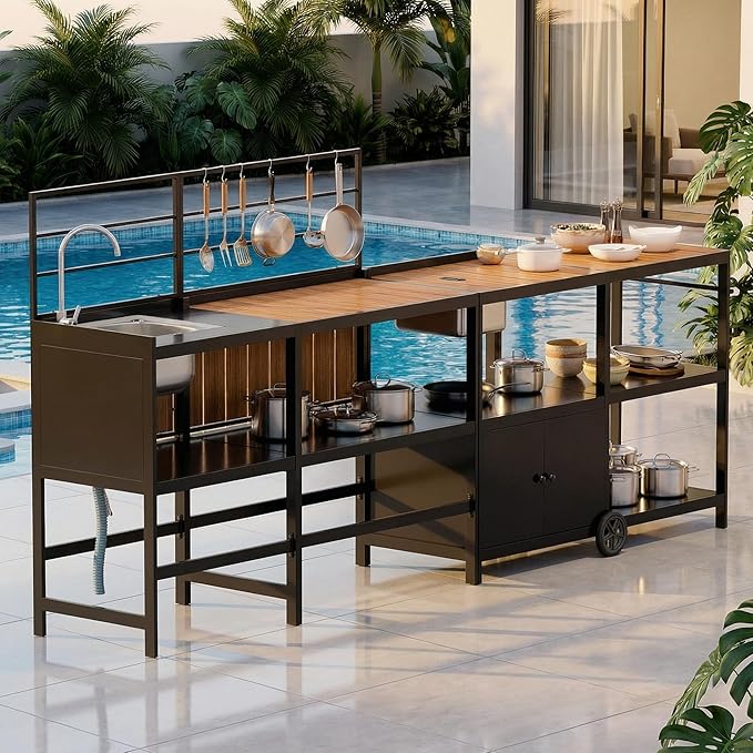 ENSTVER Modular Outdoor Kitchen with All-Aluminum Island & Cabinets, Stainless Steel Sink, Food-Safe Countertop, Outdoor Kitchen Island for Patio, Deck, Backyard,Black