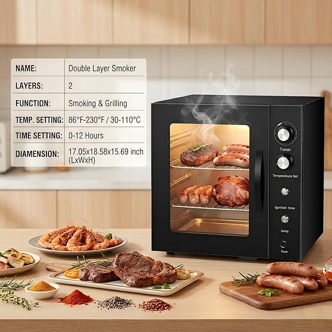 CLIVIA Indoor Pellet Smoker, Electric Indoor Smoker, Countertop 2 Layers BBQ Grill 10L Smoker Oven for Meat, Sausage, Jerky, Beef, Adjustable 86-230°F