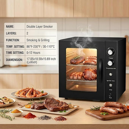CLIVIA Indoor Pellet Smoker, Electric Indoor Smoker, Countertop 2 Layers BBQ Grill 10L Smoker Oven for Meat, Sausage, Jerky, Beef, Adjustable 86-230°F