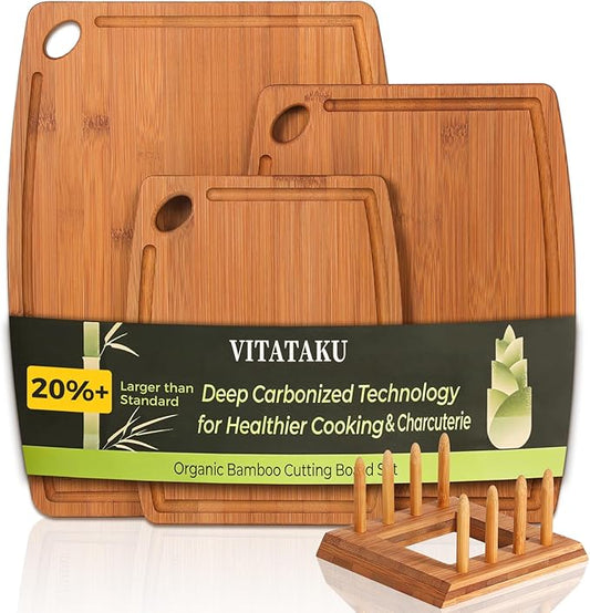 3-Piece Carbonized Bamboo Cutting Board Set with Wood Storage Stand, 15.4" Large Wooden Chopping Boards for Kitchen, Non Toxic Pre-Oiled Charcuterie Serving Tray, Kitchen Gifts