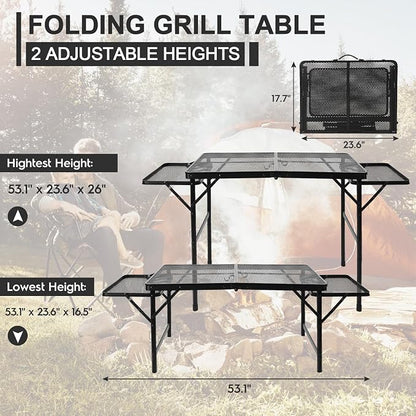 Folding Matel Grill 4.4 FT Camping Table with 2 Wing Panels | Height Adjustable Metal Outdoor Table with Mesh Desktop and Mesh Bag, Picnic, Beach and BBQ, Party