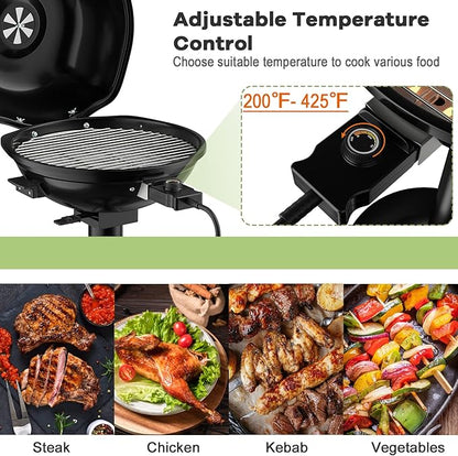 Giantex Electric Grill Indoor Outdoor, 1600W Portable Barbecue Grill with Removable Non-Stick Grilling Rack, Adjustable Temperature, Oil Drip Tray, for Picnic Camping Backyard Cooking (Black)