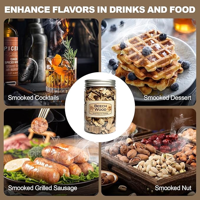 10 Pack Natural Wood Chips for Smoker Grill and Smoking Gun, Apple, Cherry, Oak, Pear, Peach, Pecan, Beech, Mesquite, Walnut & Cypress About 90g Each, Smoker Woodchips for BBQ Smoking Beef Pork Whisk