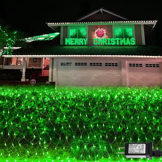 QITONG Green Net Lights Outdoor Mesh Lights, 360 LED 12ft x 5ft Christmas Net Light with 8 Modes, Clear Wire Bush Light Plug in