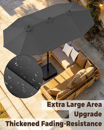 GDPFN 15FT Large Patio Umbrella with Base Included, Outdoor Deck Standing Umbrella with Crank Handle, Double-Side Rectangular Pool Umbrella for Outside, Market, Patio, Dark Gray
