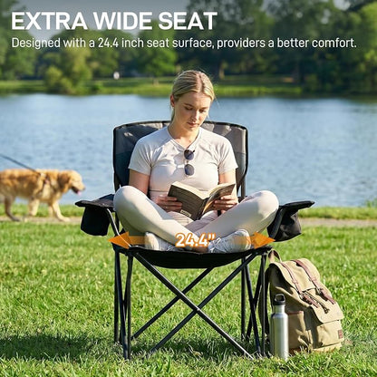 EVER ADVANCED Folding Camping Chair with Cup Holder, Oversized Padded Heavy Duty Lawn Chair, Sturdy Build Supports 400lbs for Adults, Outdoor Fishing & Sports, Black