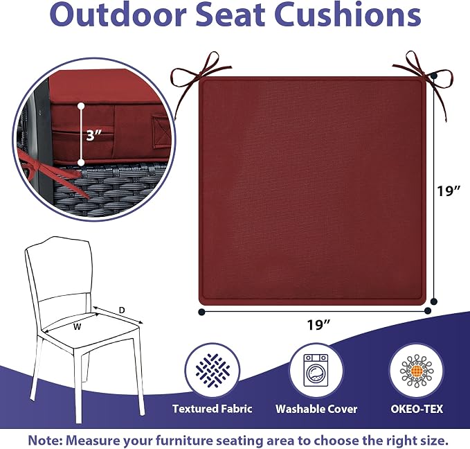 IPYNBAP Outdoor Chair Cushions Set of 4 -Waterproof Outdoor Seat Cushions for Patio Furniture, Patio Chair Cushion with Handle and Ties, Out Door Chair Pads,19x19x3-Square, Burgundy