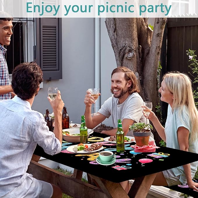 Happy Birthday Picnic Table Cover with Bench Covers, Colorful Candy Sprinkle Design Waterproof Camping Tablecloth, Elastic Fitted Rectangle Table Set with Drawstring Bag, 3PCS, 30x96 Inch