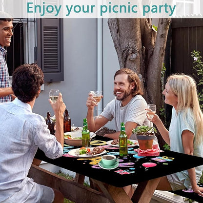 Happy Birthday Picnic Table Cover with Bench Covers, Colorful Candy Sprinkle Design Waterproof Camping Tablecloth, Elastic Fitted Rectangle Table Set with Drawstring Bag, 3PCS, 30x72 Inch