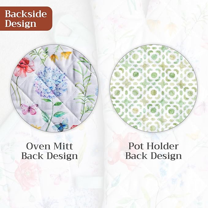 Maison d' Hermine 100% Cotton Oven Mitt & Pot Holder Set (7.5"x13" & 8"x8") Heat Resistant BBQ Cooking Gloves with Loop Baking Grilling Kitchen Hotel Home Farmhouse Spring Summer (Just Floral)