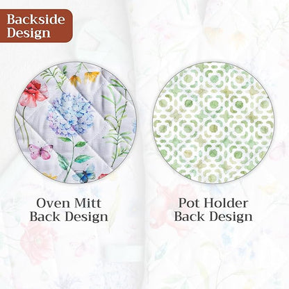Maison d' Hermine 100% Cotton Oven Mitt & Pot Holder Set (7.5"x13" & 8"x8") Heat Resistant BBQ Cooking Gloves with Loop Baking Grilling Kitchen Hotel Home Farmhouse Spring Summer (Just Floral)