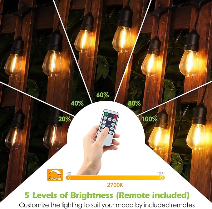 Larkvue 144FT(3 * 48FT) Outdoor String Lights with Remote, Dimmable Patio Lights with 45+5 LED Bulbs 3 Modes 4 Timers for Bistro Cafe, Black 3 Pack