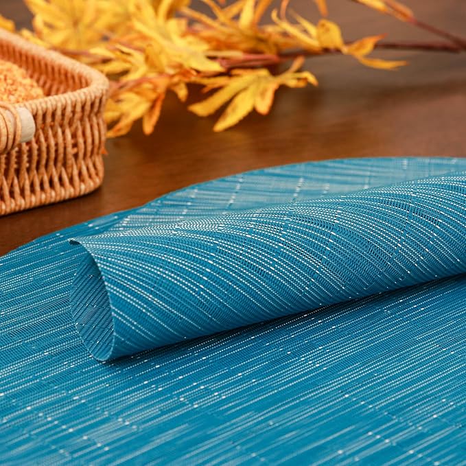 Round Placemats Set of 4 Heat Resistant Vinyl Placemats 15 inch Washable Non-Slip Table Mats Woven Place Mats for Dining Table (Blue, Set of 4)