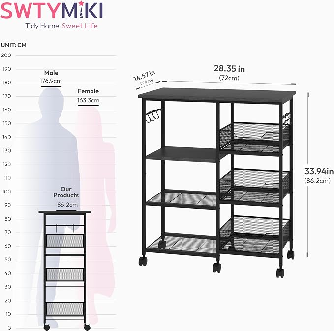 SWTYMIKI Kitchen Island Cart on Wheels - 28.35x14.57in Rolling Kitchen Table Cart with Storage Shelves, 6 Removable Hooks& Locking Casters, Coffee Bar Cabinet for Dining Room Pantry Office, Black