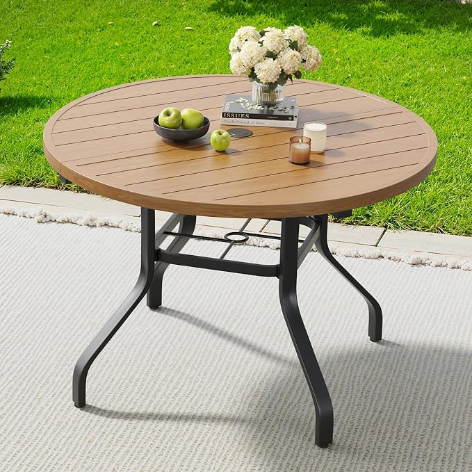 Round Outdoor Dining Table 41" with 1.57" Umbrella Hole | with Umbrella Hole, Wood-like Table Top, Water-resistant, Easy to Clean, Patio table for Backyard, Poolside