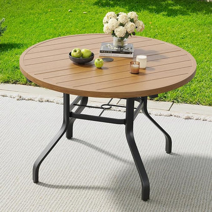 Round Outdoor Dining Table 41" with 1.57" Umbrella Hole | with Umbrella Hole, Wood-like Table Top, Water-resistant, Easy to Clean, Patio table for Backyard, Poolside