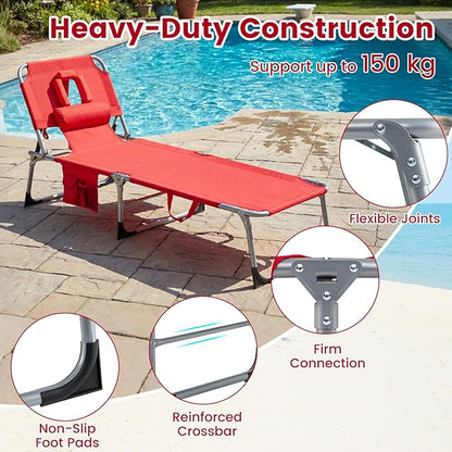Goplus Tanning Chair, Folding Adjustable Patio Lounger w/Face Arm Holes, 4-Position, 330 LBS, Removable Cushion,Carry Strap, Outdoor Sunbathing Chair, Lightweight Portable Beach Lounge Chair (2, Red)