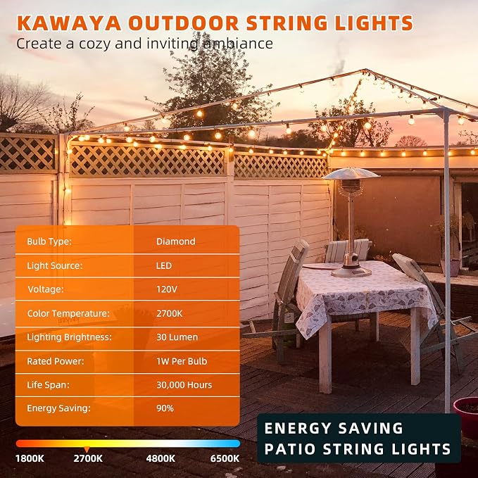 Kawaya G40 Outdoor String Lights 200FT IP65 Waterproof 2700K Patio Light | IP65 100+4 Shatterproof Edison Globe Blubs,2700K Warm White for Garden Porch Fence Camping Party Backyard Deck Bistro Balcony