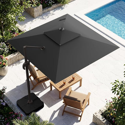 10x10FT Grey Cantilever Outdoor Patio Umbrella with Base, Large Square Offset Design, Double Top Heavy Duty Aluminum Frame & 360° Rotation for Pool Garden Deck Backyard