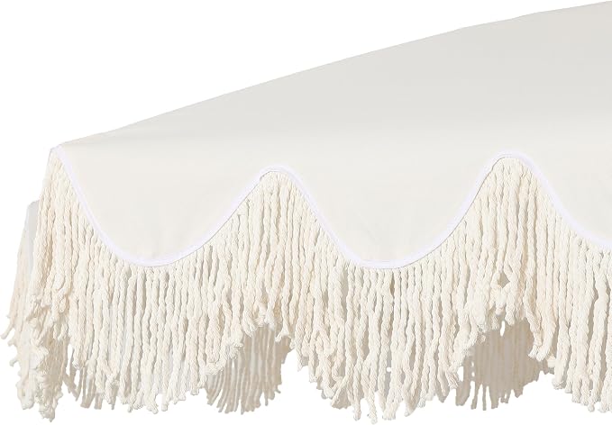 JONATHAN Y Mariner 6.5 ft. Solid Fringe Beach Umbrella, Cream | Push-Button Tilt, UV 50 Protection, Matching Carry Bag, White Iron Pole, Wind Vent, Scalloped Round Canopy