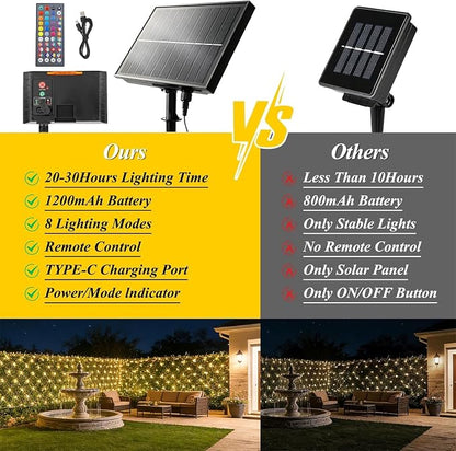 34 Colors Changing Net Lights Outdoor Solar & USB Powered, 6.5x6.5ft | RGB Solar Net Lights with Remote, 120LED Christmas Net String Lights Waterproof Green Wire Bush Lights for Backyard Patio