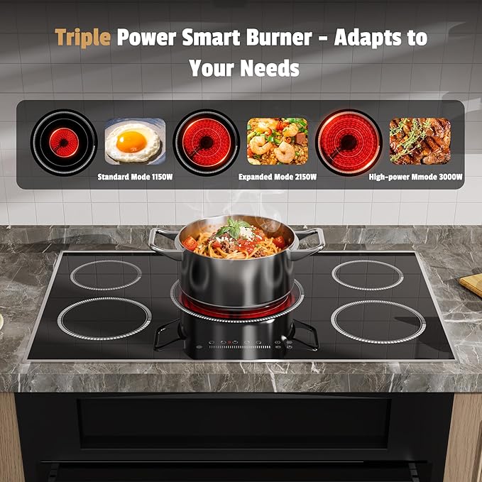 36 Inch Electric Cooktop, 5 Burner Stove Top with Slide Control, 9200W Electric Stove with Child Lock, Timer & Pause Function 36" Glass Cooktop, 220V Hard Wire(No Plug)