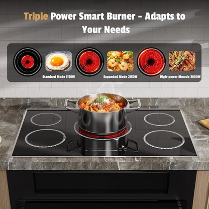 36 Inch Electric Cooktop, 5 Burner Stove Top with Slide Control, 9200W Electric Stove with Child Lock, Timer & Pause Function 36" Glass Cooktop, 220V Hard Wire(No Plug)