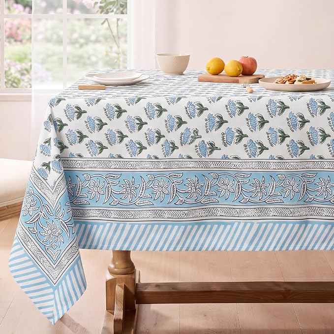 Block Print Tablecloth, 60 x 60 inch Fabric Square Table Cover Flower Table Cloth for Mahjong Weddings Spring Summer and Barbeque Farmhouse Dining Dinner Tablecloth(Style A,Blue)