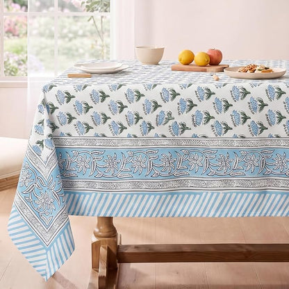Block Print Tablecloth, 60 x 60 inch Fabric Square Table Cover Flower Table Cloth for Mahjong Weddings Spring Summer and Barbeque Farmhouse Dining Dinner Tablecloth(Style A,Blue)