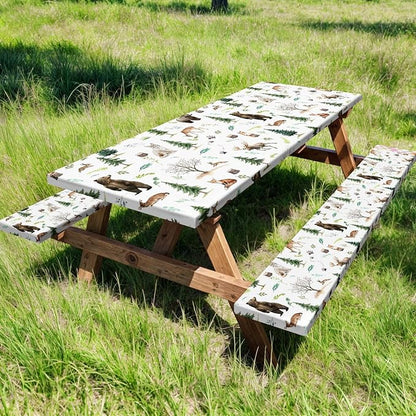 Picnic Table Cover with Bench Covers, Camping Essentials, Funny Rustic Woodland Animals Dear Beer Fox Table Cover Waterproof Fitted Tablecloth Cover with Elastic Edge for Outdoor 3 PCS 30x96 Inch